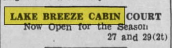 Lake Breeze Motel (Lake Breeze Cabins, Lake Breeze Cabin Court) - May 1943 Ad